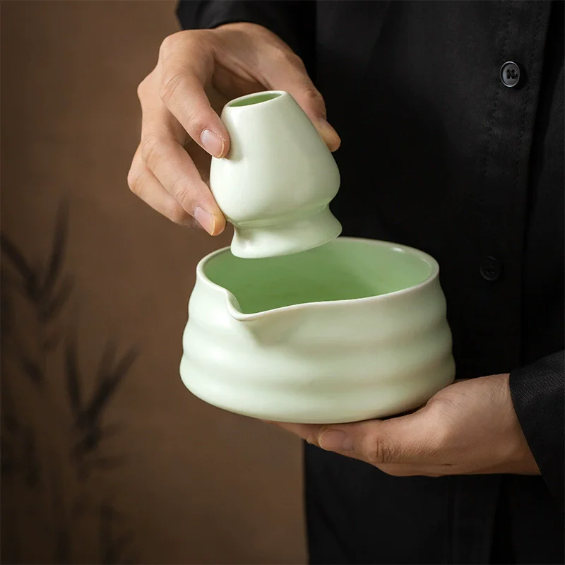 Matcha Tea Set 2 Pieces Japanese Bowl Whisk Holder Pouring Spout for Tea Ceremony