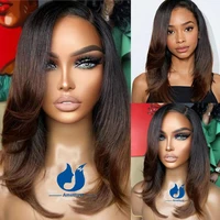 Améthyste Ombre brun brésilien perruque de cheveux humains 13x6 dentelle frontale pré plumée partie latérale Remy cheveux longueur moyenne blanchi perruque vague 1
