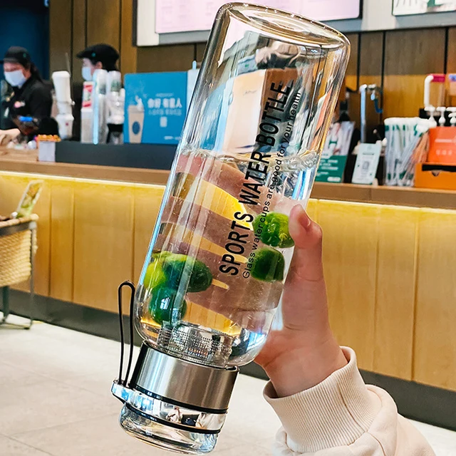 2L Sports Glass Water Bottle 2L Capacity Free Cup Cover (with Shoulder Strap)  Portable Leak-proof Drinking Stainless Steel Lid 4