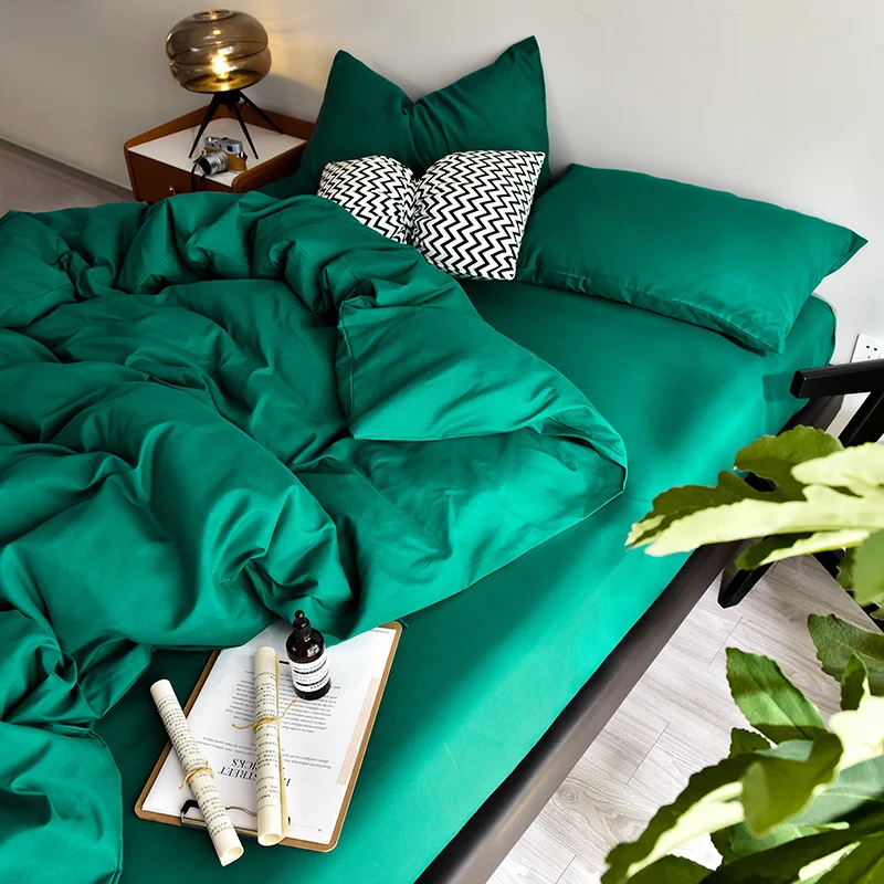 Bed Linen Bedding set Washed Cotton Four-Piece Bed Sheets Set Solid Color Green Simple Bed Quilt Cover Comforter Cover Duvet 4