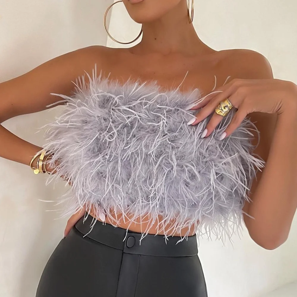 corset t shirt 2022 Summer New Unique Sexy Fluffy Furry Tube Top Female Personality All-match Feather Decoration Sleeveless Vest Top camisole bra