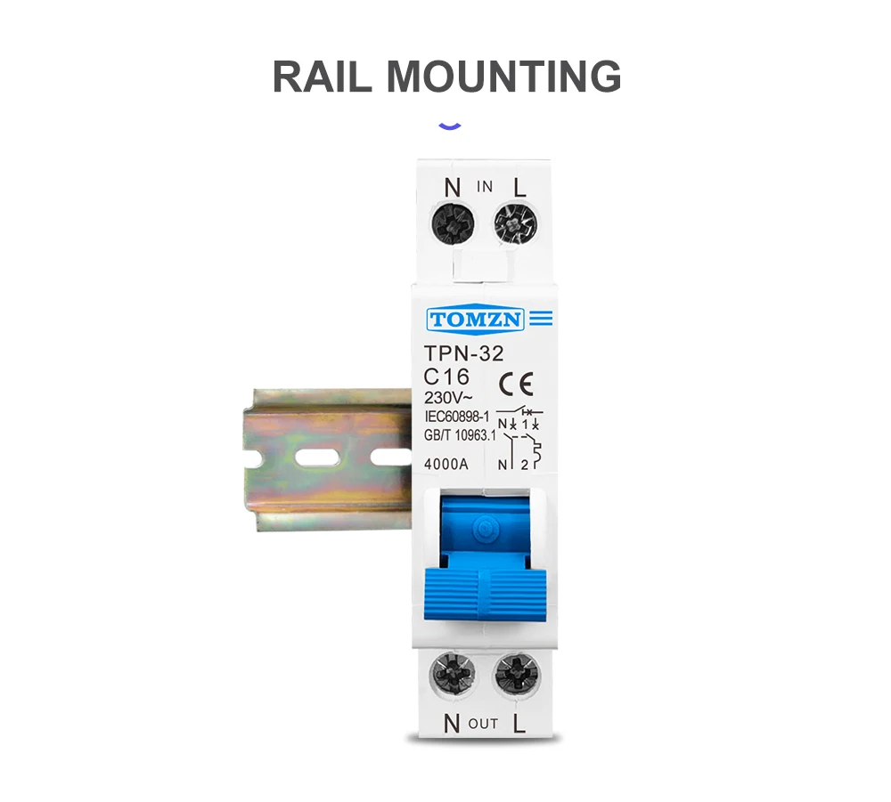 TPN 1P+N Mini Circuit Breaker MCB 10A 16A 20A 25A 32A 230V AC DIN Rail
