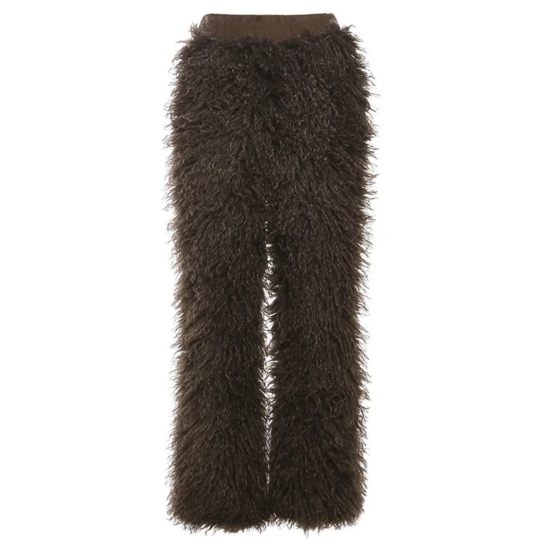 2024 American Style Women's Casual High Waisted Faux Fur Trousers All-match Simple Long Pants Solid Streetwear Straight Pants