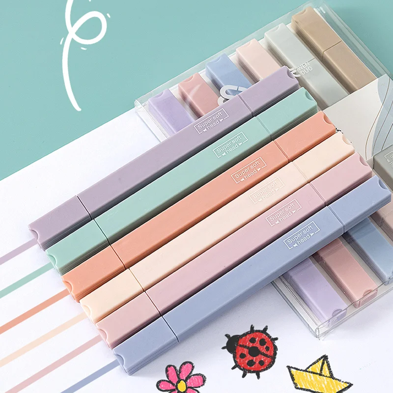 6 Pcs/set Double heads Highlighter Art Marker Round shape Manga Colored Pen Stationery
