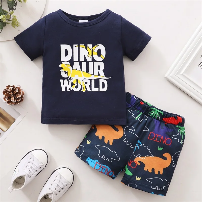 

Baby Children'S Short-Sleeved Shirt+Shorts Two-Piece Set Of 2023 Dinosaur Printed T-Shirt Pants Set