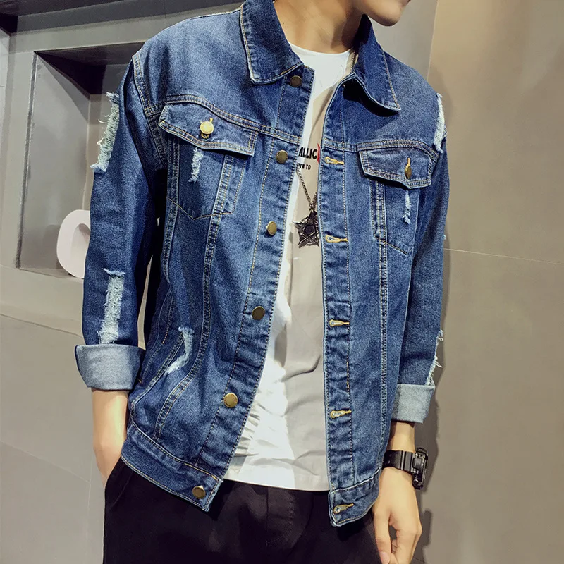 Spring Autumn 2022 Fashion Teenagers Ripped Denim Jacket Men\'s Loose Korean Jacket Trend Slim Students Japanese New Clothes high collar men sweater men s turtleneck sweater winter collection thickened twist knitting for teenagers for autumn for men