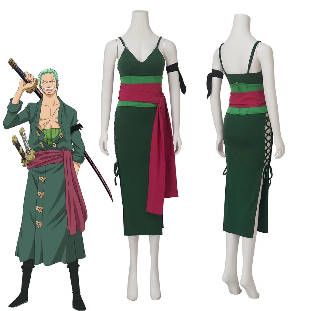 

Roronoa Zoro Cosplay Women Sexy Suspenders V-neck High Slit Lace Up Slim Dress Halloween Party Green Ball Gown Carnival Show
