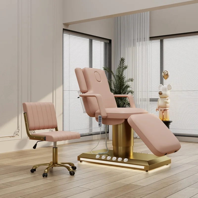 Luxury Electric Pink Treatment Bed 3 Motor Lift Stainless Steel Gold Base Facial Massage Eyelash Chair Tattoo Bed