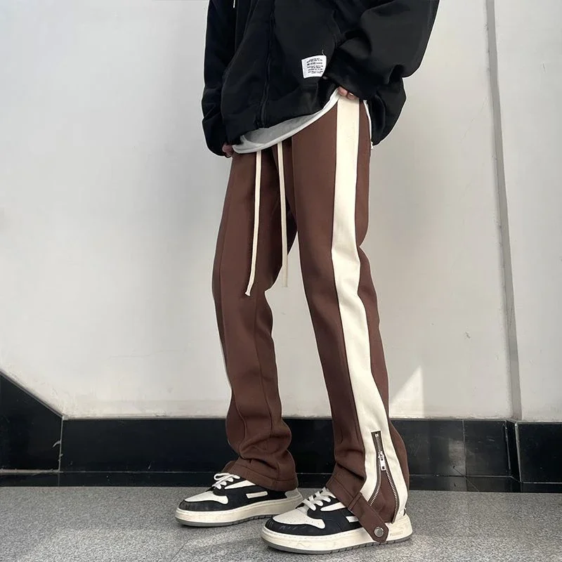 thumbnail image 1 of Pantalones deportivos ajustados y rectos para hombre, pantalones deportivos ajustados a rayas, acampanados, de verano, con bolsillos y cremallera, estilo hip hop, 1 of 5