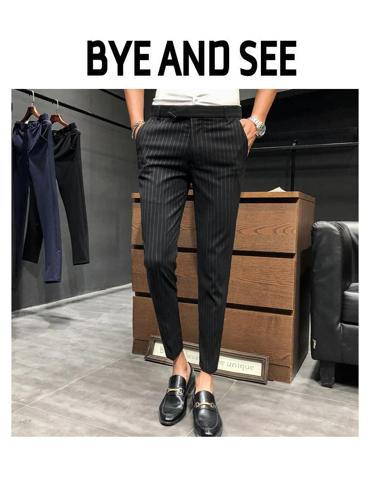 black blazer for men Style British Suit Pants Men Dress Pants Social Slim Fit Office Trousers Men Grey 2022 Spring New Striped Belt Trousers Men's casual blazer