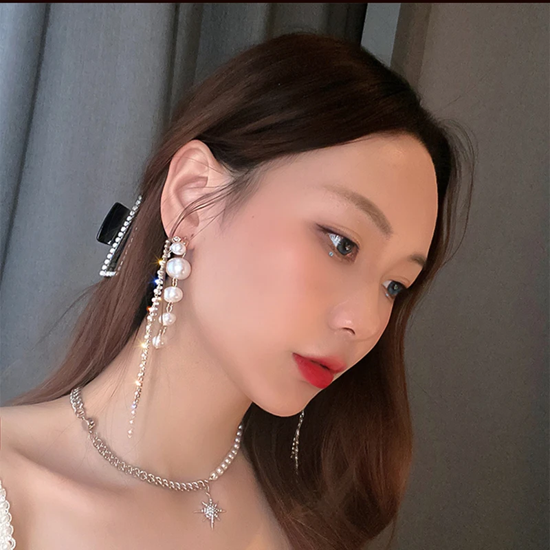 Long Dangle Earrings for Women Fashion Full Crystal Simulated Pearl Tassel Drop Earring Vintage Gold Color Brincos Jewelry dangle earrings,drop earrings,long earrings,crystal tassel earrings,crystal earrings