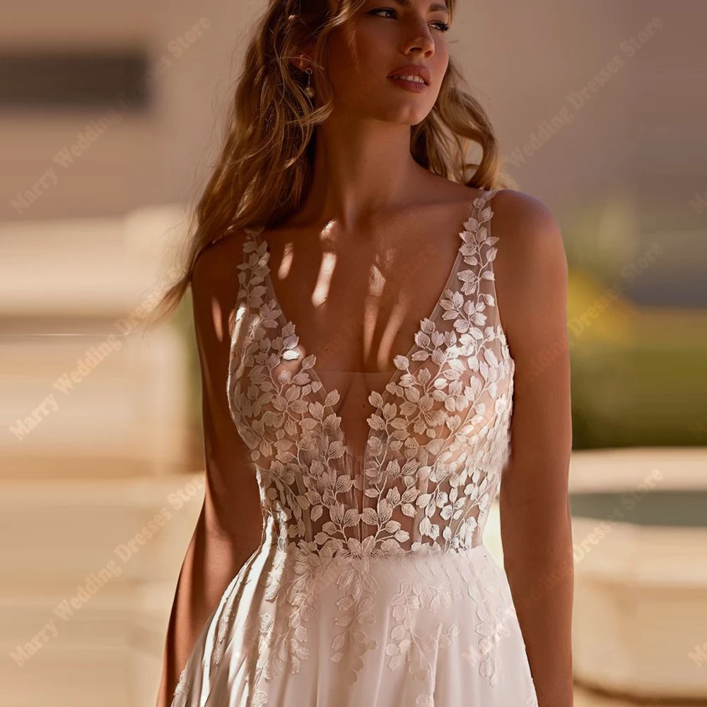 2025 Modest A-Line Women Wedding Dresses Fashion V-Neck Lace Flower Printing Bridal Gowns Sleeveless Vestido De Novia Customized 3