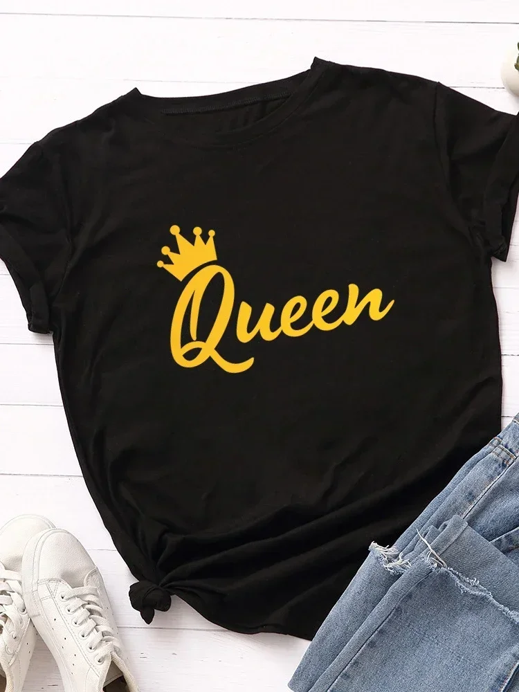 

2024 Golden Queen Crown Print Women T Shirt Short Sleeve O Neck Loose Women Tshirt Ladies Tee Shirt Tops Clothes Camisetas Mujer