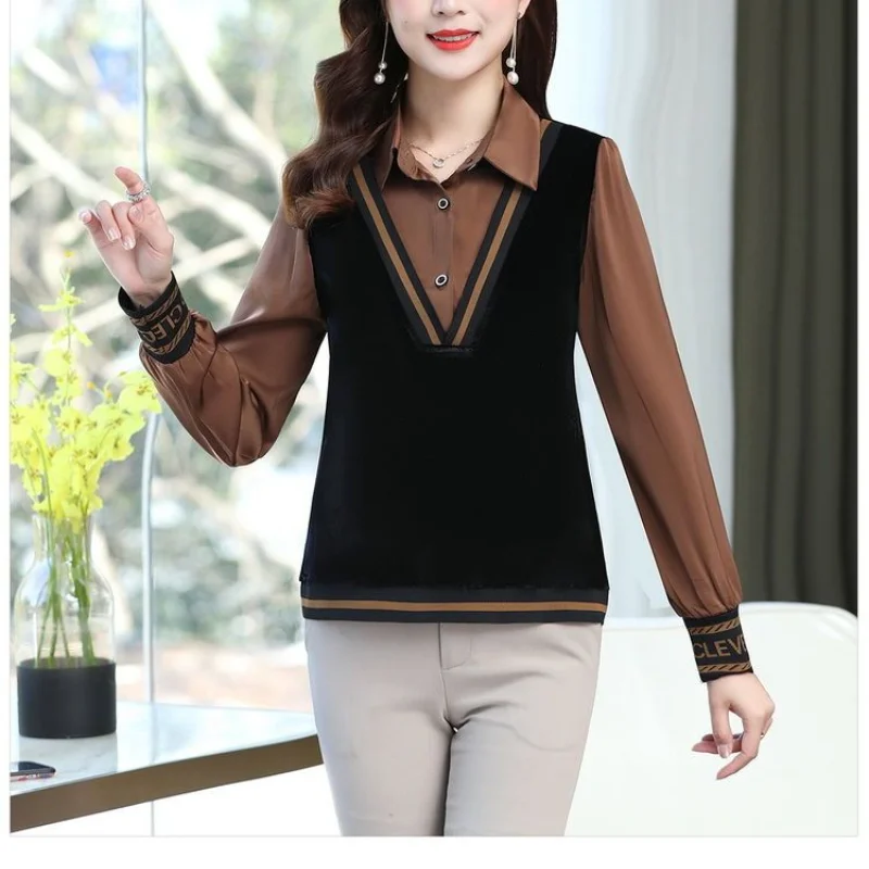 2023 Autumn and Winter New Temperament Commuter Women's Clothing Splice Buttons V-Neck Long Sleeve Solid Color Pullover Shirt