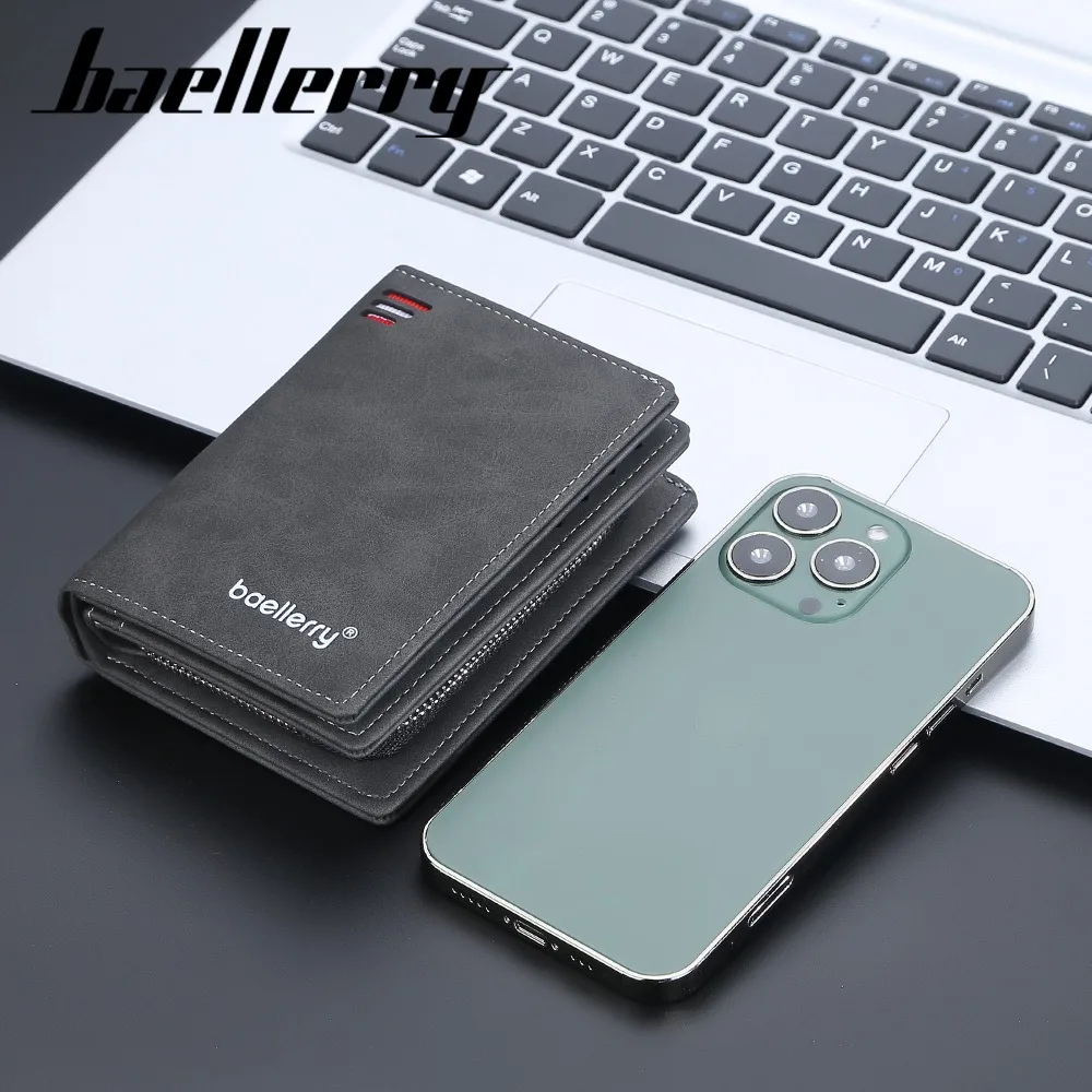 Men's Front Pocket Wallet Slim PU Leather Zipper Closure RFID Protection 10 Card Slots Minimalist