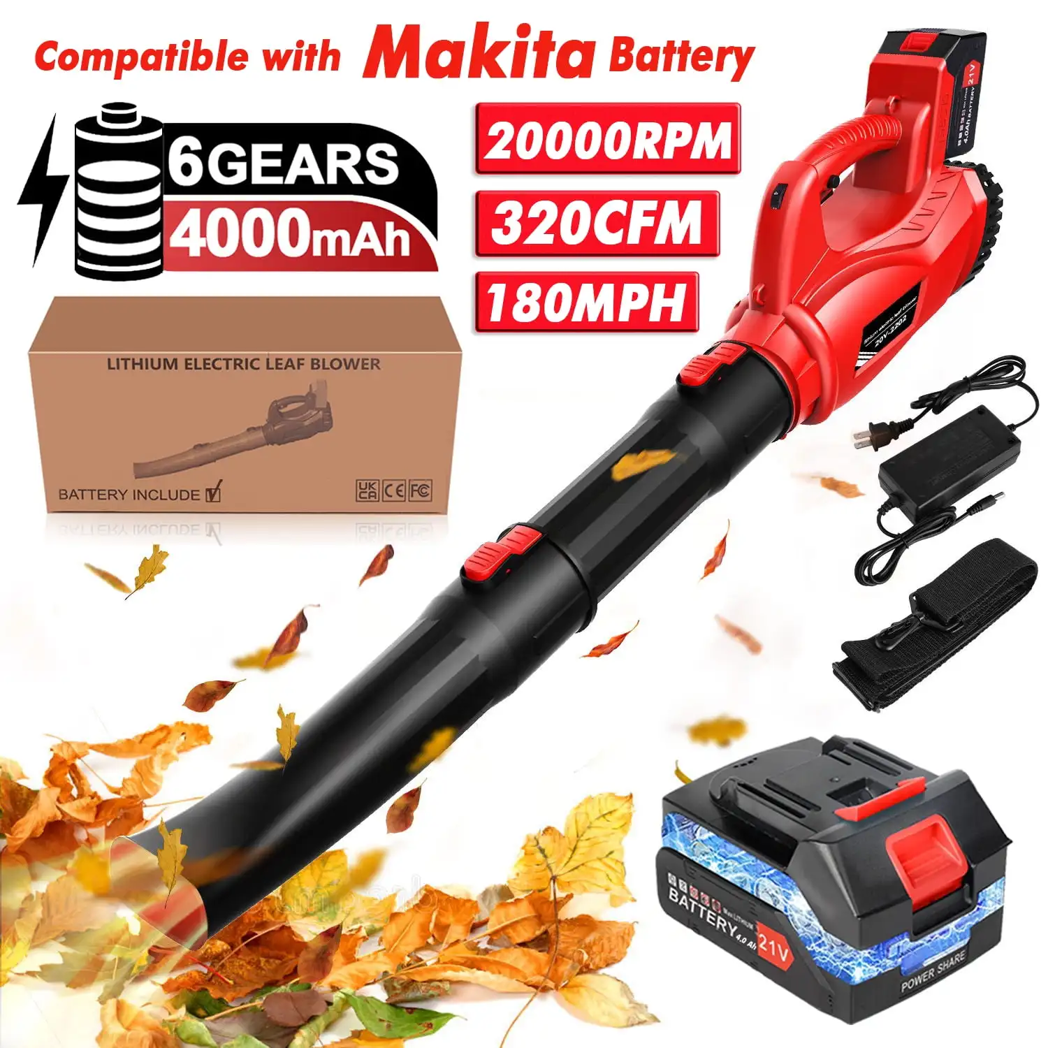 Air Blower Electric Blower 21V Electric Cordless Leaf Blower 180MPH 320CFM Portable Handled 4000mAh 2 Section Tubes For Lawn Care Snow Debris