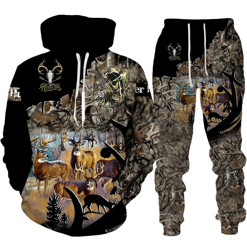 

New men's and women's deer hunting 3D printed sportswear sets men's and women's casual hoodie + pants 2 sets go out fashion