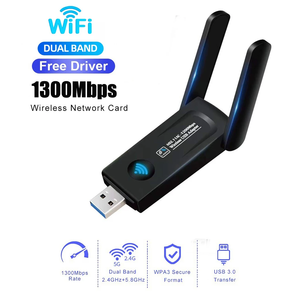 

WiFi USB 3.0 Adapter 1300Mbps Wireless Network Card Dual-Band 2.4GHz&5GHz WiFi Adapter for PC Desktop Laptop Wireless Receiver