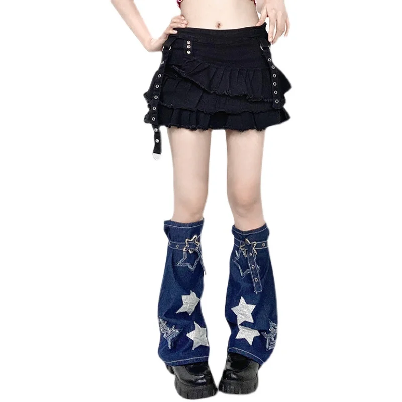 Y2K Stars Denim Leg Warmer Female Hot Girl Lolita Subculture Punk Style Foot Sock Denim Tube Socks
