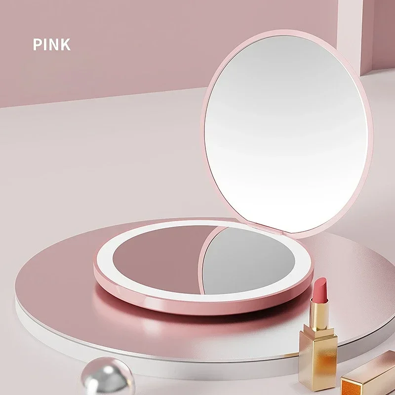 USB Handheld Makeup Magnifying Mirrors Mini LED Luminous Makeup Mirror Round Portable Foldable Small Compact Mirror with Light