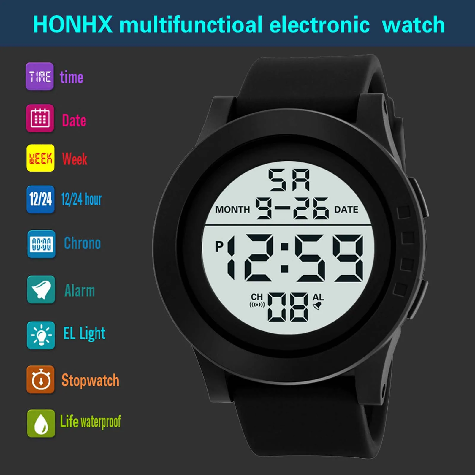 2024 New Mens Led Digital Display Watch Date Sport Women Outdoor Electronic Black Frosted Dial Silicone Strap Watch 2