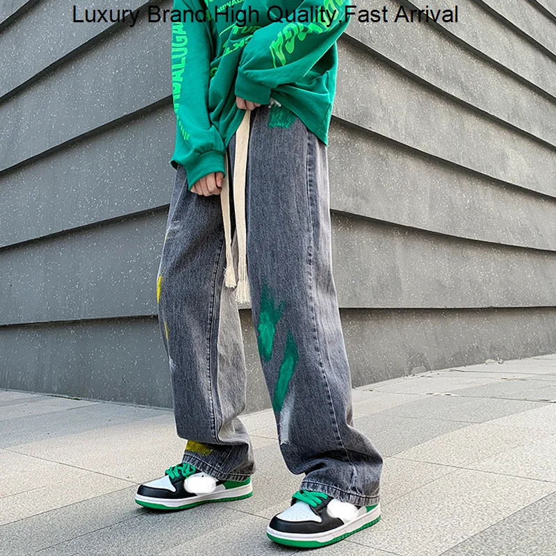 

New Summer Casual Printed Jeans Y2K Clothes Loose Straight Male Denim Pants Hip Hop High Street Mopping Trousers For Men