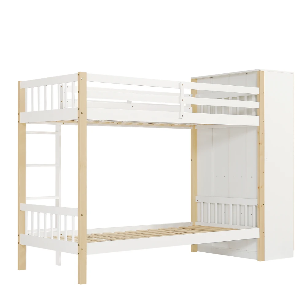 90x200cm Etagenbett, Kinderbett mit Fallschirm und Gitter, mit 4-stufiger Leiter, 6 offene Regale, Kleiderschrank an der Seite, viel Stauraum – Detail 17