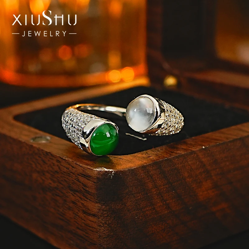 

New Chinese Style China-Chic Open Mouth Chalcedony Foam Jade 925 Silver Ring Inlaid with High Carbon Diamond Temperament