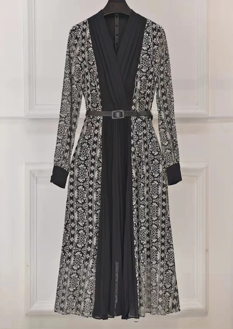 

High Quality New 2023 Spring Dress Women V-Neck Allover Exquisite Embroidery Belt Deco Long Sleeve Mid-Calf Pleated Dress XXL