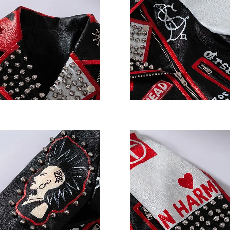 Rock Punk Motorcycle Leather Jacket Women 2024 Trend Metal Rivets Streetwear Graffiti  Print Faux Leather Cropped Jacket S-XXXL
