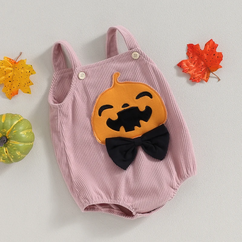 

Baby Girls Boys Corduroy Rompers Halloween Clothes Pumpkin Pattern Sleeveless Straps Jumpsuits Newborn Toddler Bodysuits