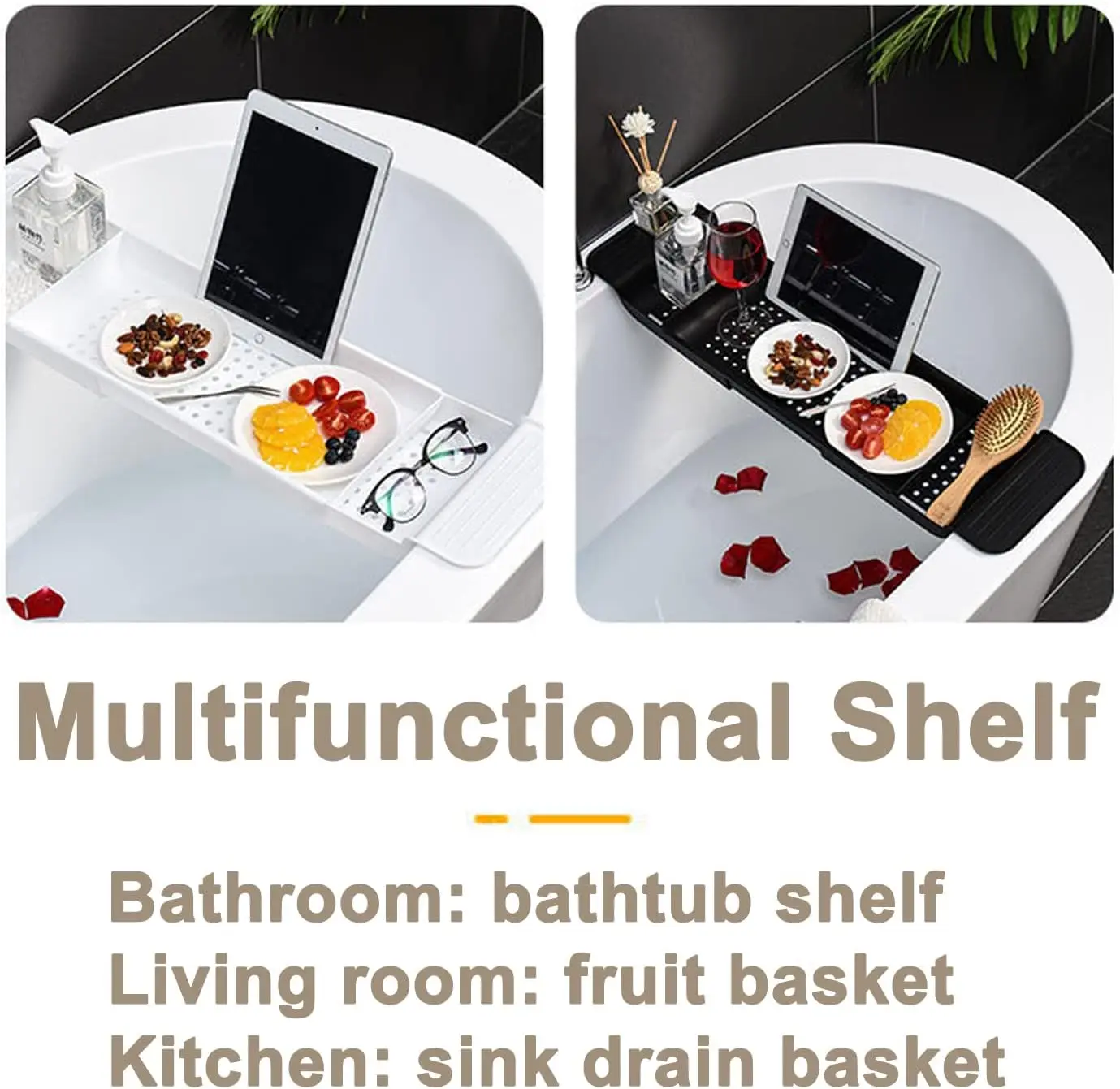 Expandable Drain Bath Shelf Caddy Tray, Multifunctional Plastic Bathtub Tray Bathroom Organizer Storage Rack for Book, Shower