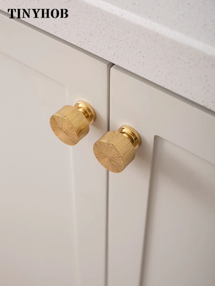 Tinyhob Vertical Lines Solid Brass Handle for Kitchen Cabinet Knobs T Bars Bedroom Wardrobes Long Pull Gold Drawer Handle