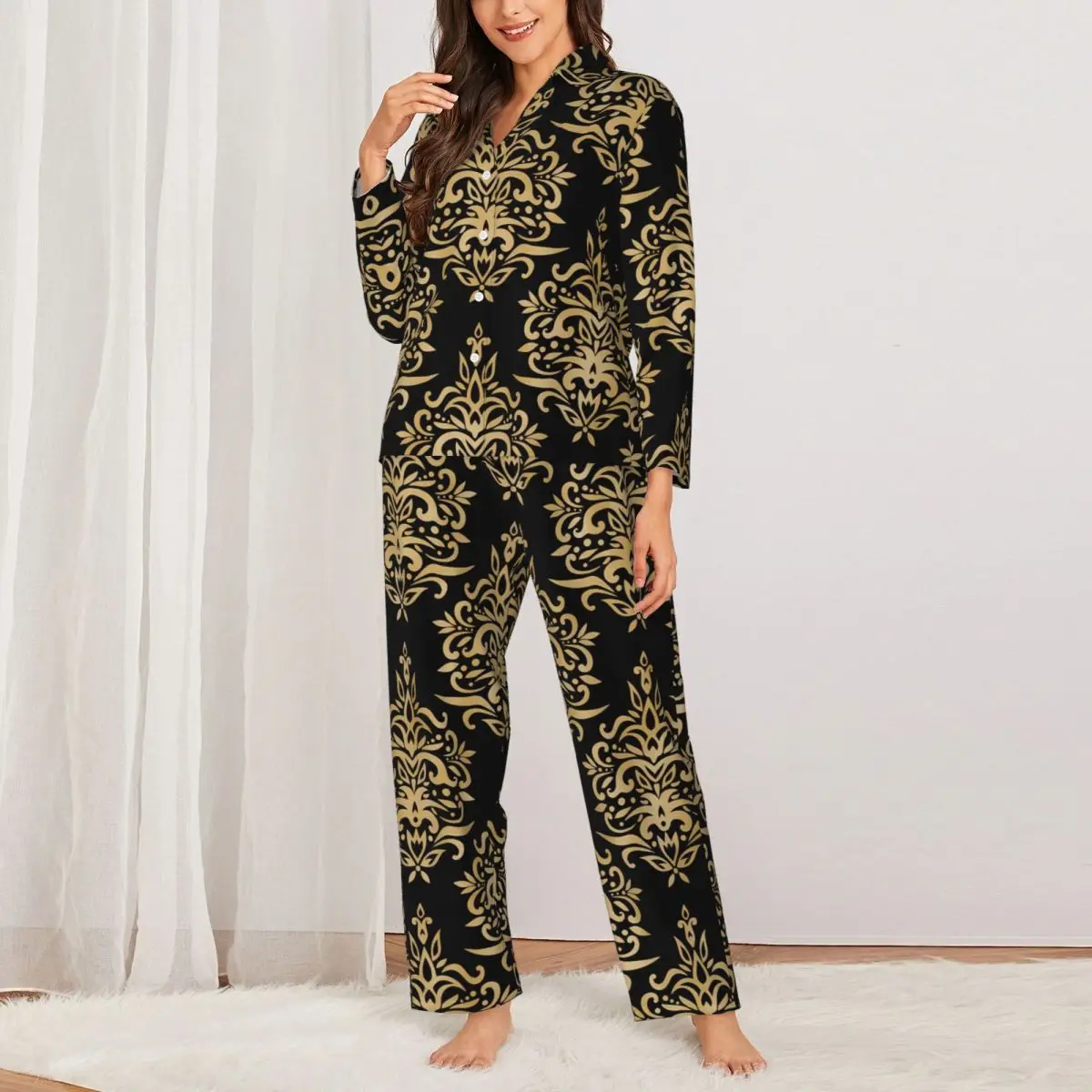

Dressy Дамасская Пижама женская черная и Золотая элегантная спальная одежда осенняя пижама из двух частей в стиле ретро оверсайз с принтом