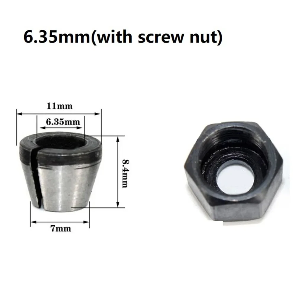 Collet Chuck Adapter With Nut 1set 6mm 6.35mm 8mm Carbon Steel For Engraving Trimming Machine Woodworking Tool Wood Router Parts collet chuck adapter
