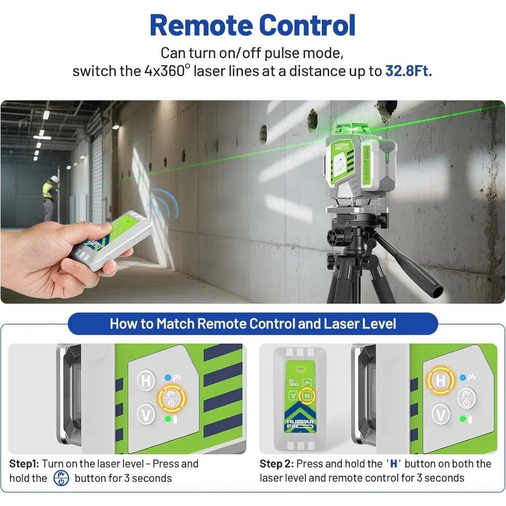 Self-Leveling 360° Green Cross Line Laser Level with Remote Control and 8000mAh Rechargeable Battery