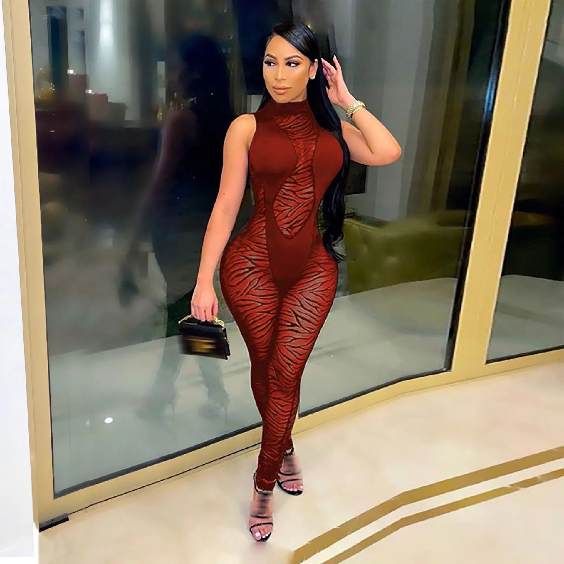 BKLD Clothes For Women Mesh Stitching Sexy Perspective Turtleneck Sleeveless Bodycon Jumpsuit One Pieces Nightclub Outfit