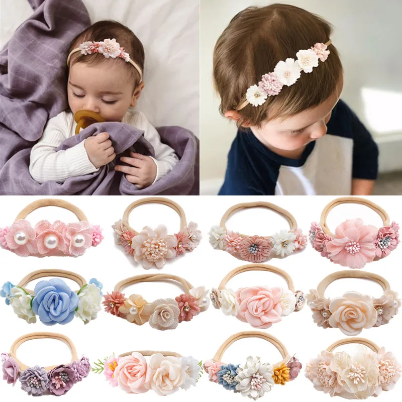 Artificial Flower Baby Headband Soft Elastic Nylon Princess Baby Girl Hair band Cute Hundred Day Newborn Toddler Headwear artificial flower headband elastic nylon newborn hair bands for baby girl toddlers band infant hair accessories kids headwear