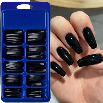 100/120pcs Long Coffin False nails Black Glossy Ballerina Fake Nail Full Cover Acrylic Fingernail Women French Press On Nails -#