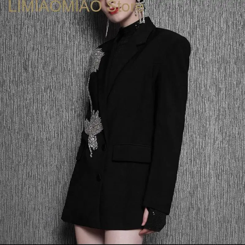 New Runway Style Stylish Handmade Crystal Flower Black Blazer For Women Fashion Female Loose Party Jacket Blazer Mujer De Moda
