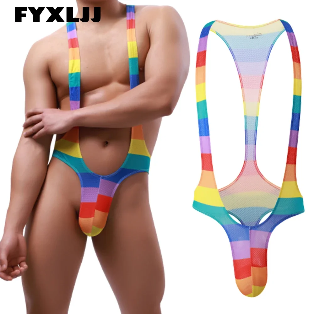 men lingerie suspender bodysuit sexy y shaped mankini jockstrap v sling stretch backless jumpsuit oil gloosy thong panties FYXLJJ Sexy Gay Man Jockstrap Thong Bodysuit Rainbow Print Jumpsuit Mens G-String T Back Jumpsuits Wrestling Singlet Body Shaper