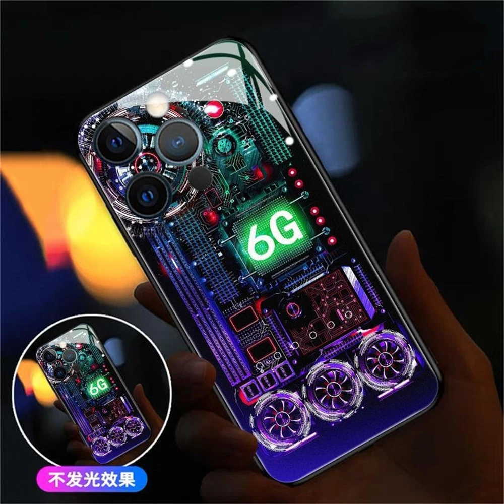 Circuit Design LED Light Up Phone Case Tempered Glass Glitter Cover For iPhone 15 14 13 12 11 Pro Max Mini X XS XR SE2020 7 8