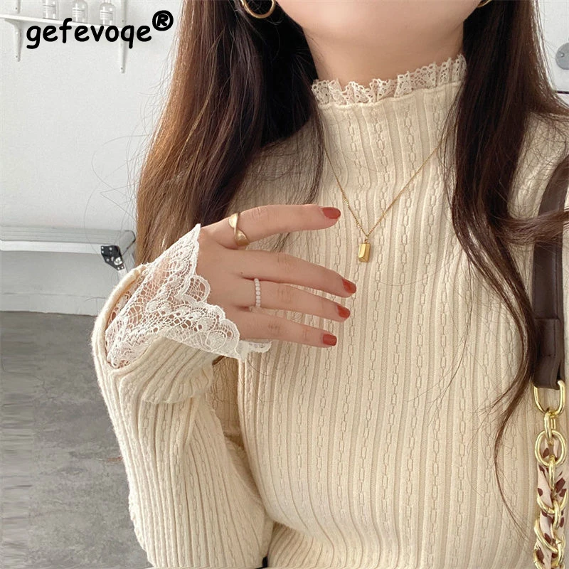 

Women's Clothing Autumn Winter Korean Fashion Elegant Lace Patchwork Knitwear Solid Long Sleeve Slim Pullover Basic Tops Jumpers