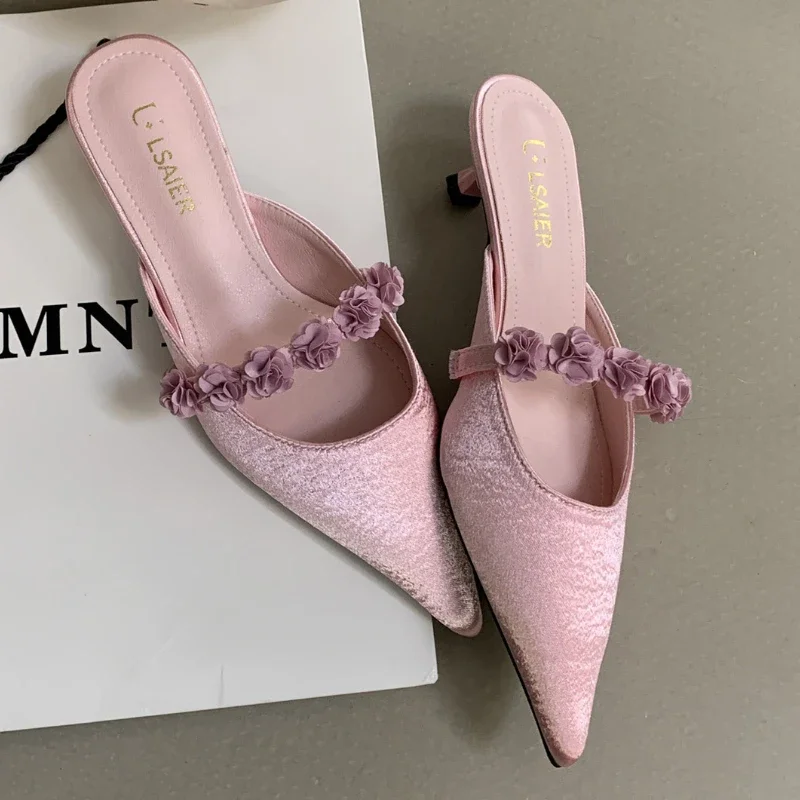 Satin Floral Designer Heeled Sandals Women Pointed toe Mule Pumps Elegant Banquet Slingback Dress Heels Slides Slippers Ladies
