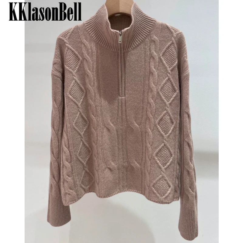 

12.6 KKlasonBell Argyle Twist Knitted Cashmere Half Zipper Long Sleeve Pullover Sweater Women