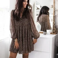 Women's Loose-Fit Leopard Slipslantern Sleeve V-Neck Dress Amazon Cross-Border 2022 Spring Season Large Skirt KDN