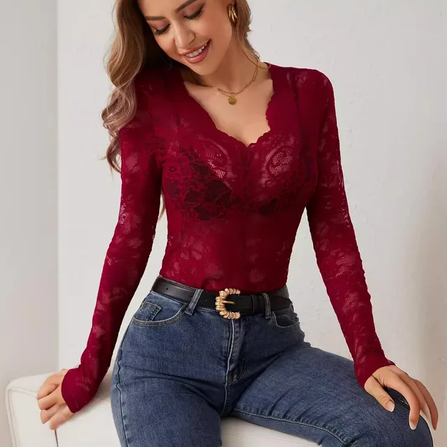 Lace Sheer Long Sleeve V-neck Top 6
