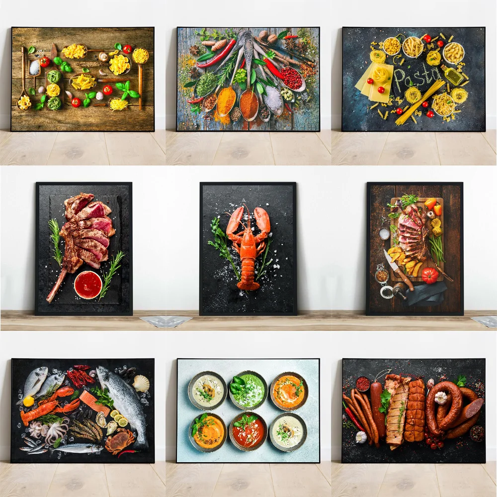

Kitchen Wall Art Spice Food Posters And Prints Steak Lobster Soup Western Restaurant Decorative Canvas Painting Mural Pictures