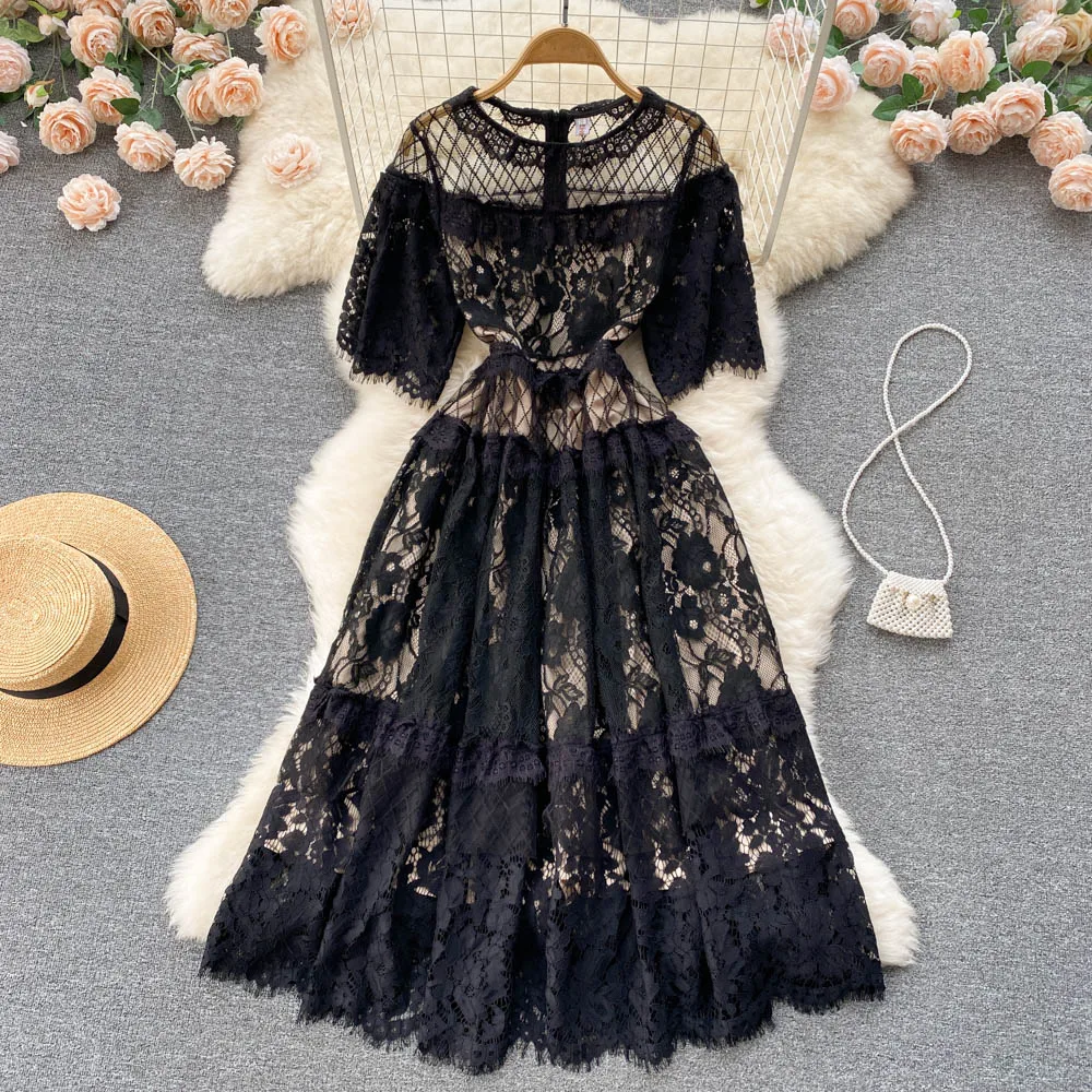 

2022 Spring and Summer New Lace Lace Dress Women's Design Sense Niche Loose Waist Temperament Dress Long Dress