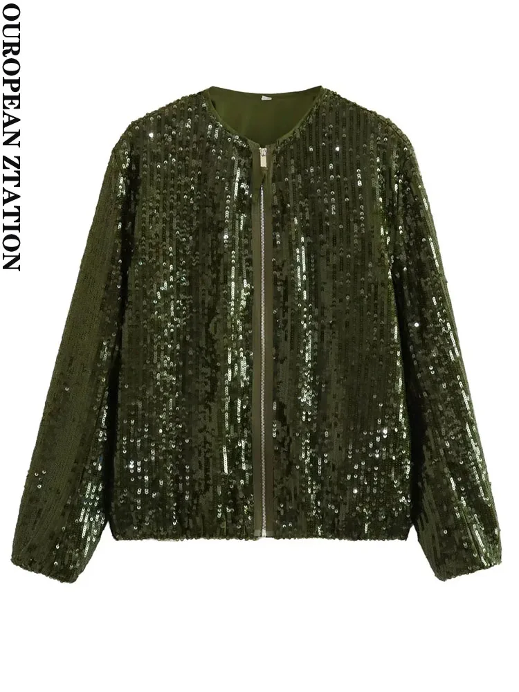 

PAILETE Women 2023 fashion with pockets sequin bomber jacket coat vintage long sleeve front zipper female outerwear chic tops